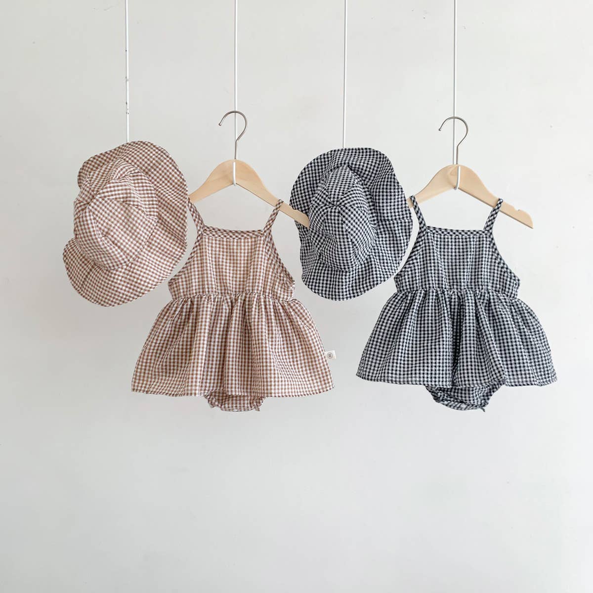 Brown White Gingham Romper Set with Matching Bucket Hat