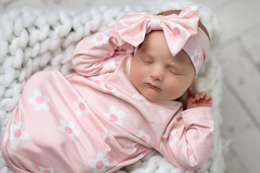 Pink Dainty Flower Gown and Bow: 0-3 Months