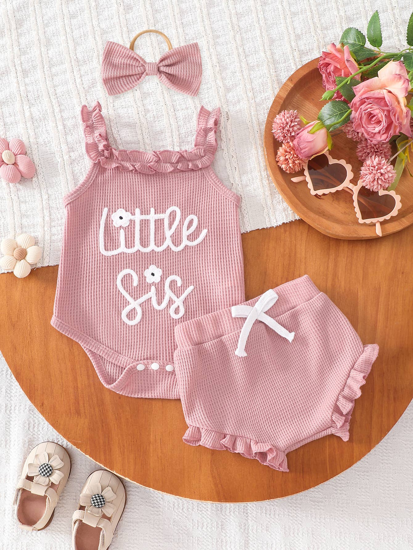 Baby Girl Little Sis Romper Bloomers Set With Bow Headband: Beige