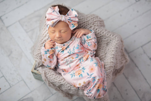 Infant Girls Pink Botanical Baby Gown and Bow Headband