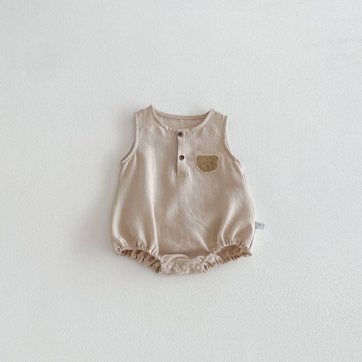 Sleeveless Infant Romper Bear Embroidery Cream