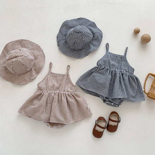 Brown White Gingham Romper Set with Matching Bucket Hat