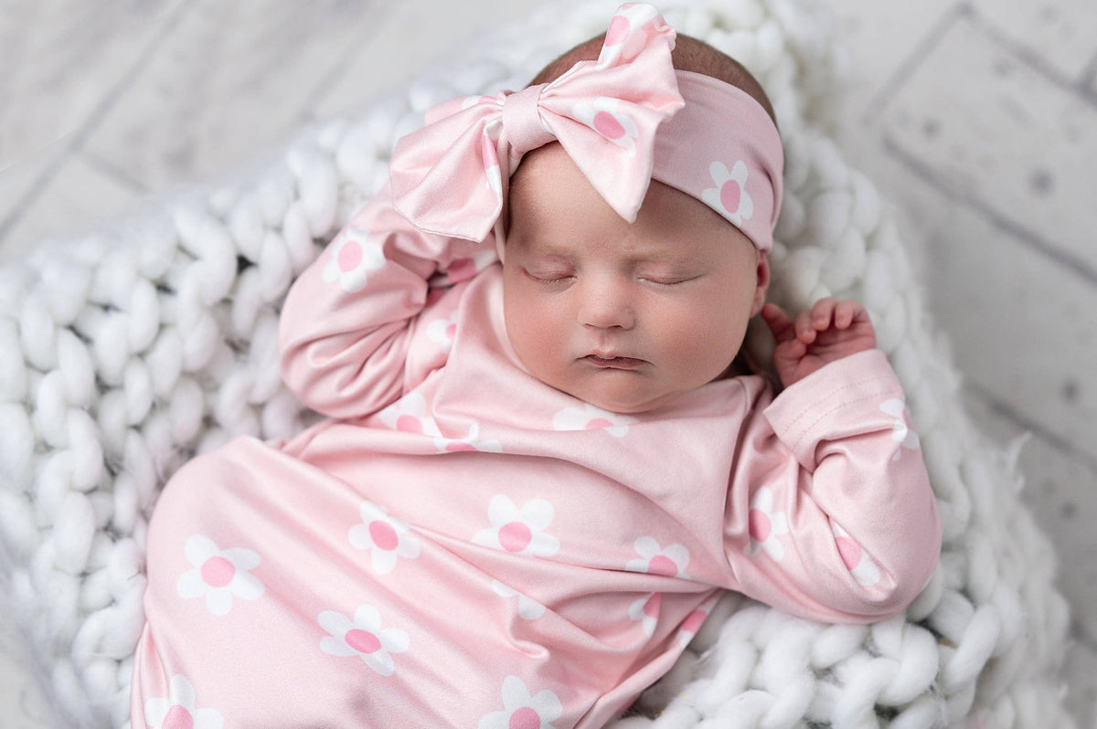 Pink Dainty Flower Gown and Bow: 0-3 Months