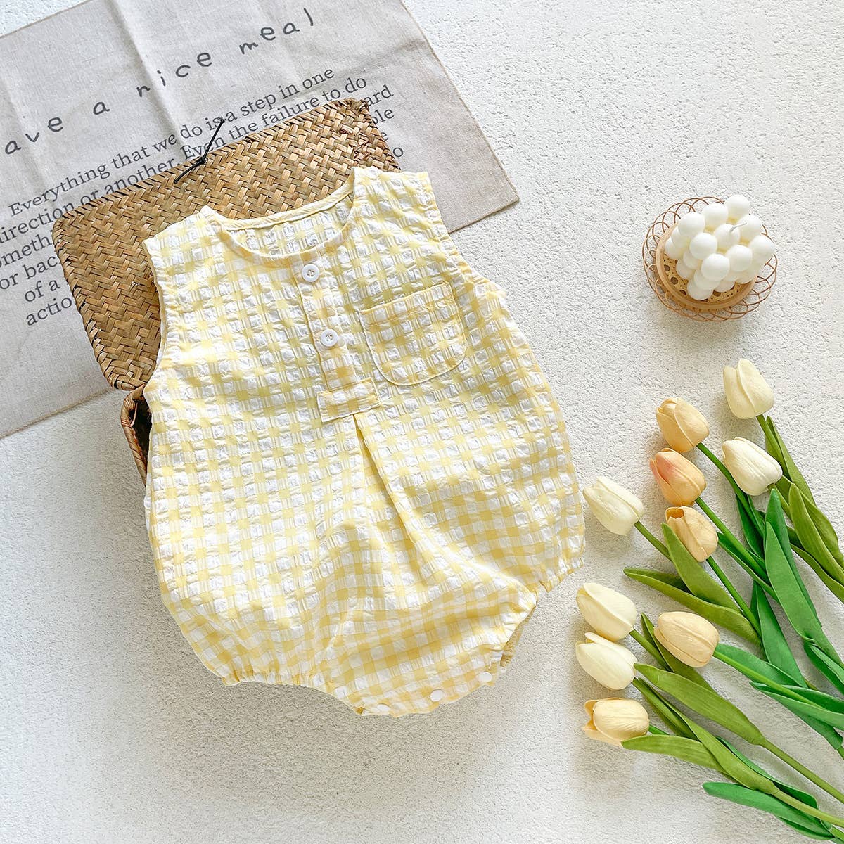 Blue White Checkered Sleeveless Romper for Baby: Green