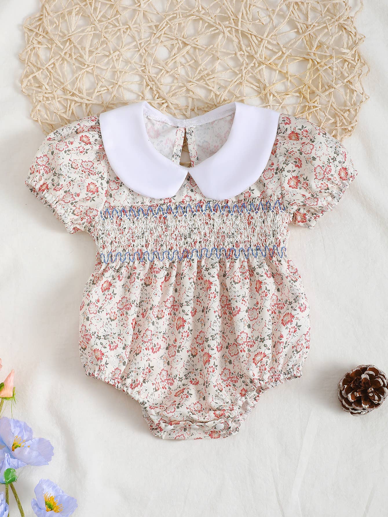 Baby Girl Floral Romper Peter Pan Collar Short Puff Sleeves: Off-White / 0-3M