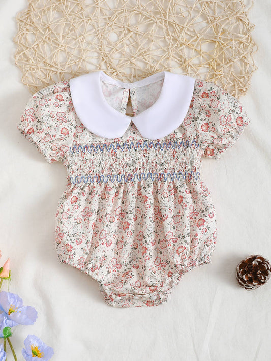 Baby Girl Floral Romper Peter Pan Collar Short Puff Sleeves: Off-White / 0-3M