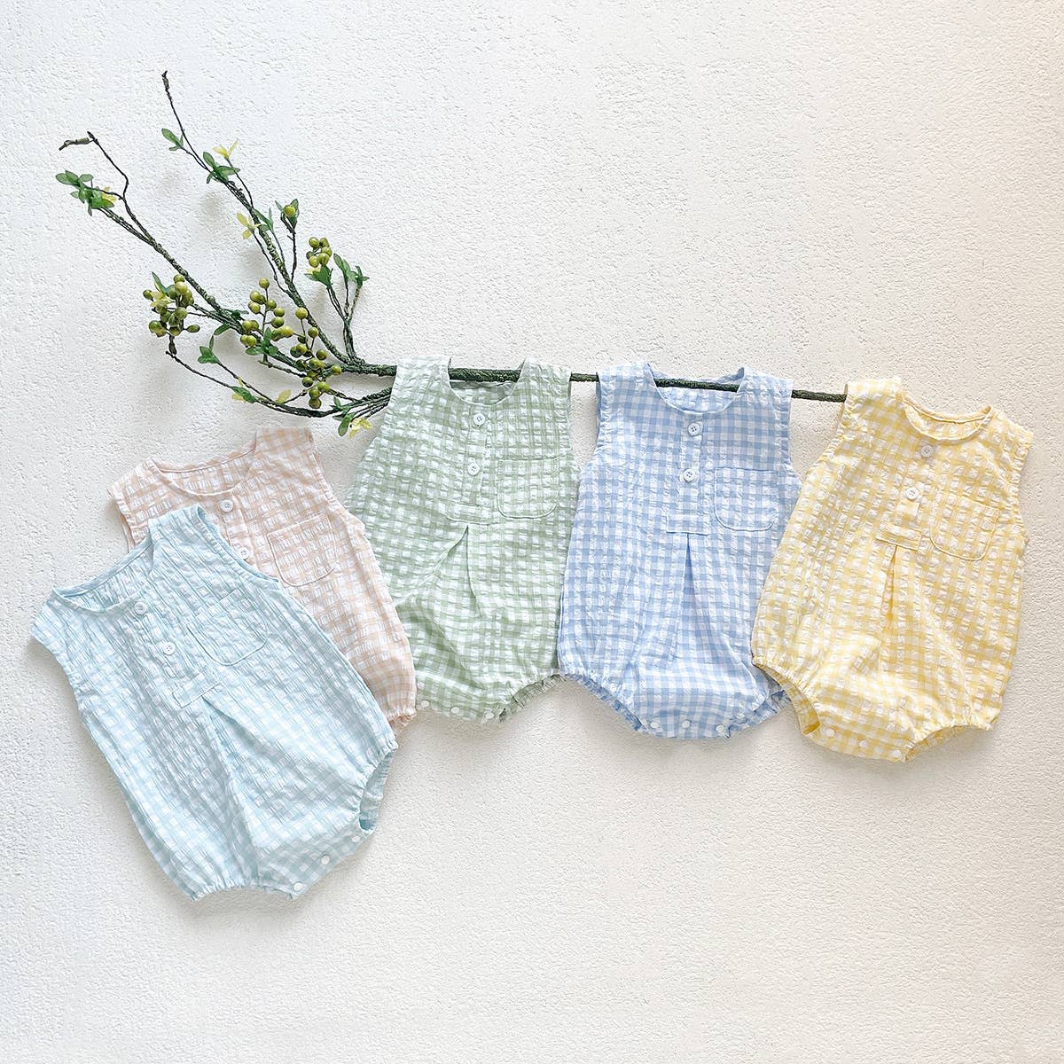 Blue White Checkered Sleeveless Romper for Baby: Green