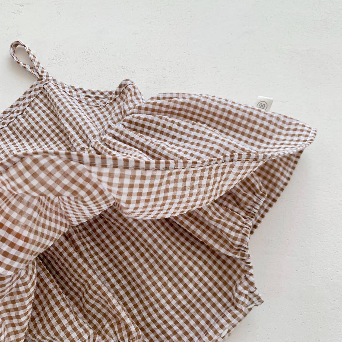 Brown White Gingham Romper Set with Matching Bucket Hat