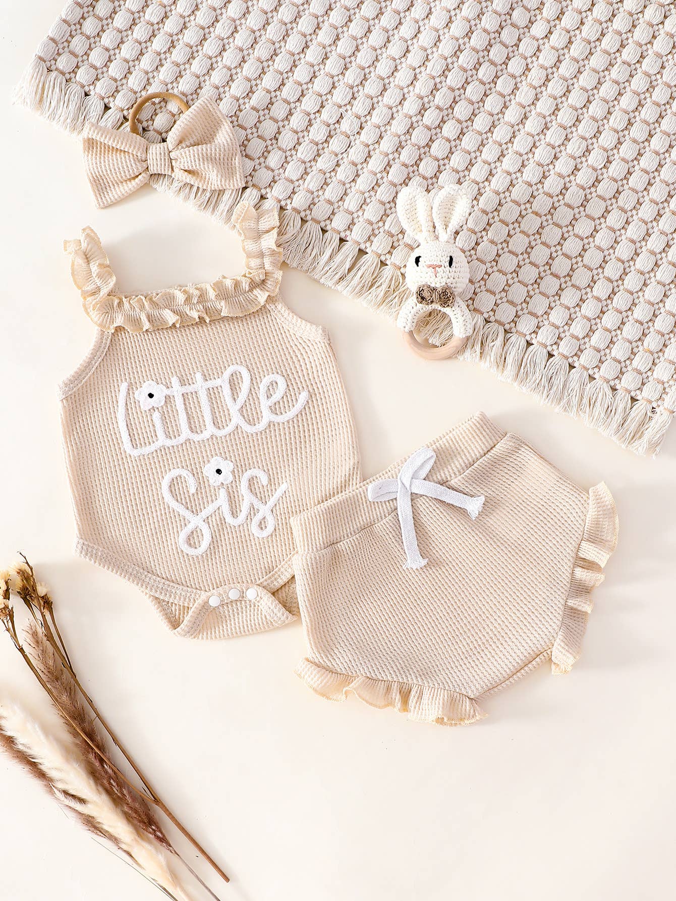 Baby Girl Little Sis Romper Bloomers Set With Bow Headband: Beige