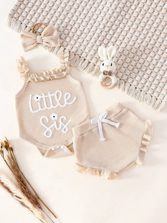 Baby Girl Little Sis Romper Bloomers Set With Bow Headband: Beige