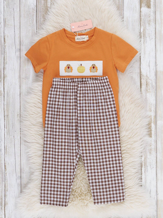 Turkey Flock Smocked Gingham Outfit