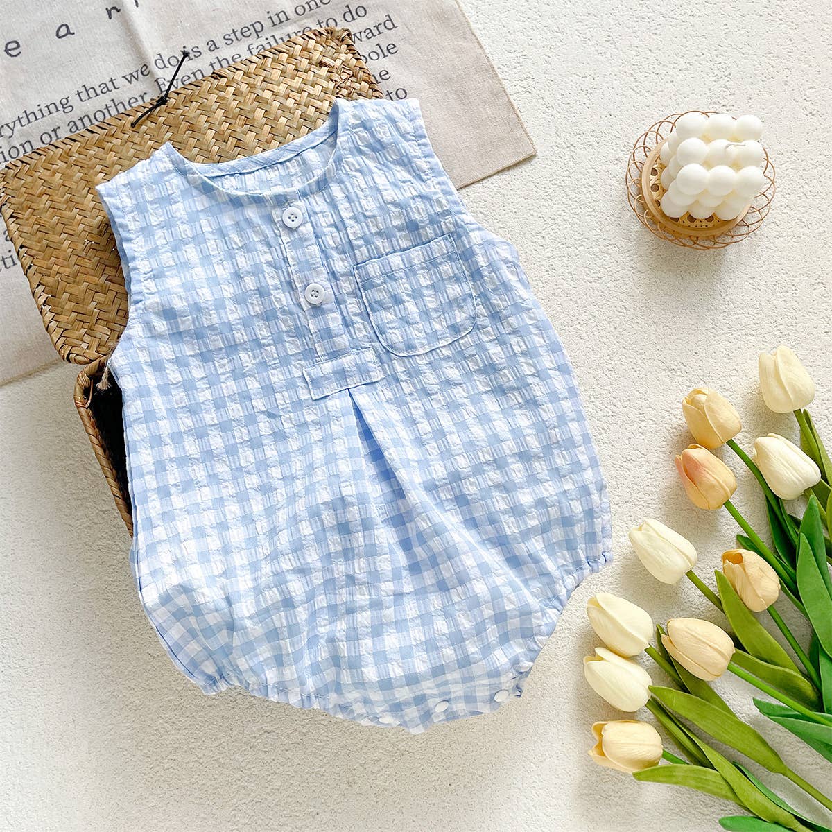 Blue White Checkered Sleeveless Romper for Baby: Green
