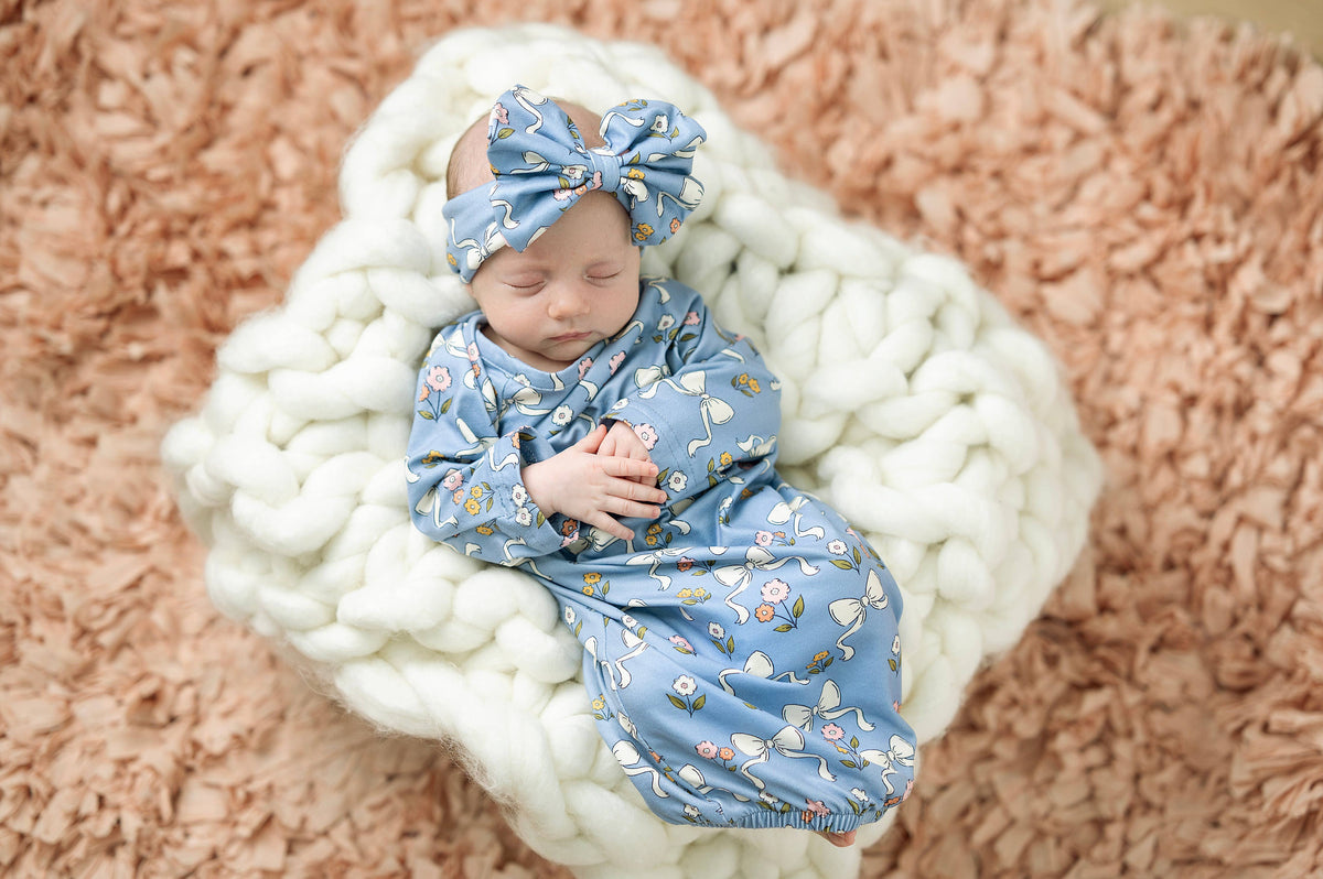 Blue Bow Pink Floral Gown Set: 0-3 Months
