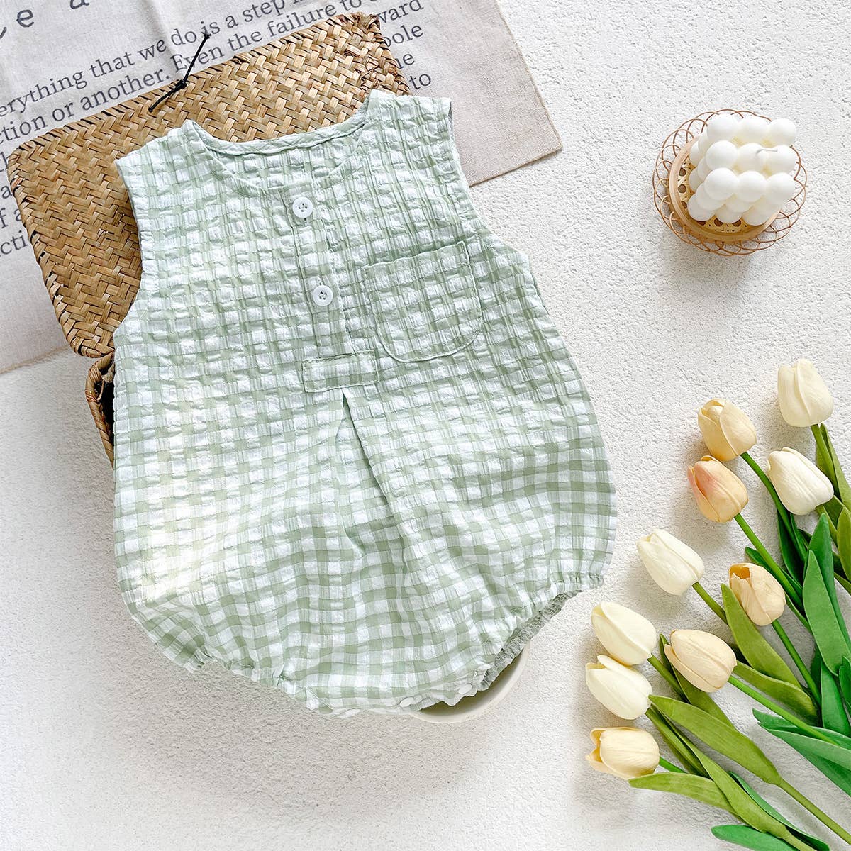 Blue White Checkered Sleeveless Romper for Baby: Green