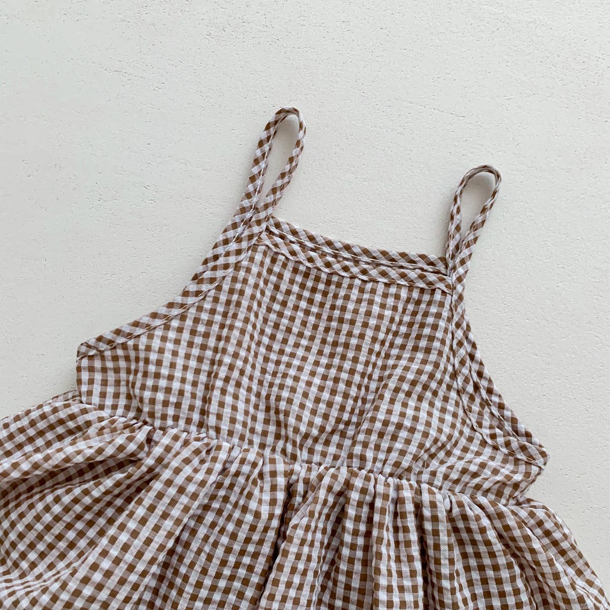 Brown White Gingham Romper Set with Matching Bucket Hat