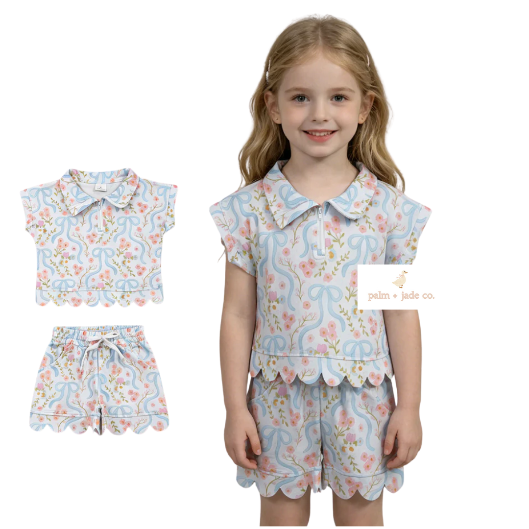 Flower Bows Zipper Scallop Edge Short Set