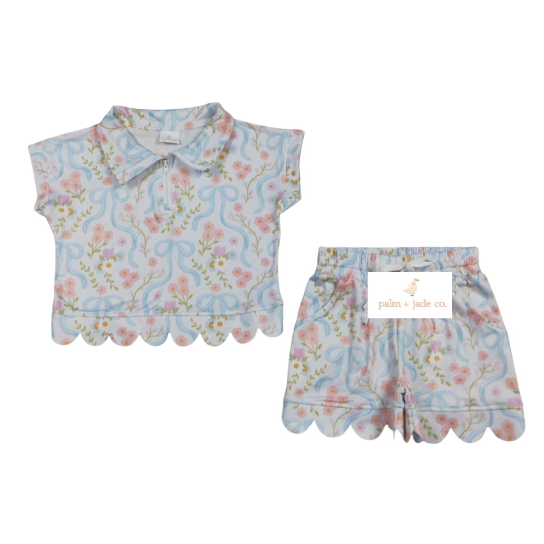 Flower Bows Zipper Scallop Edge Short Set