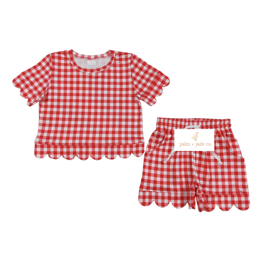 Red Plaid Scallop Edge Short Set