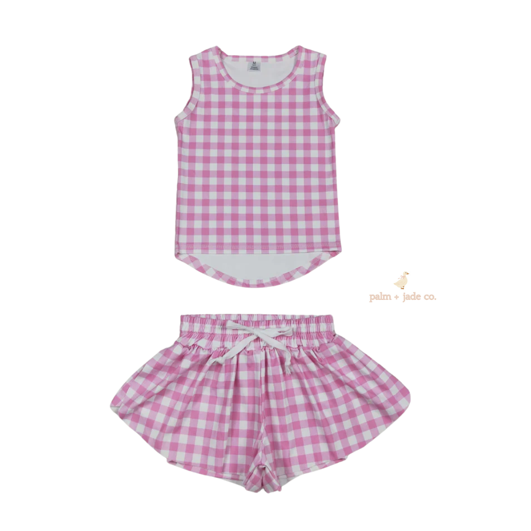 Pink Plaid Yoga Short Set