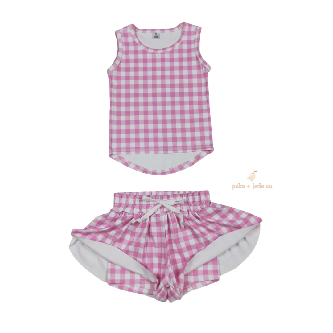 Pink Plaid Yoga Short Set