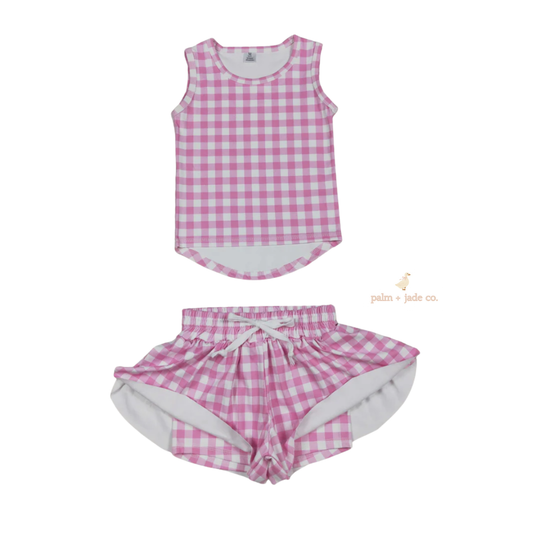 Pink Plaid Yoga Short Set