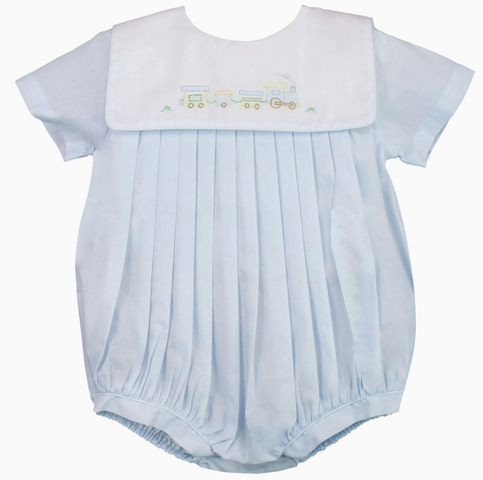 Blue Romper with Train Embroidery