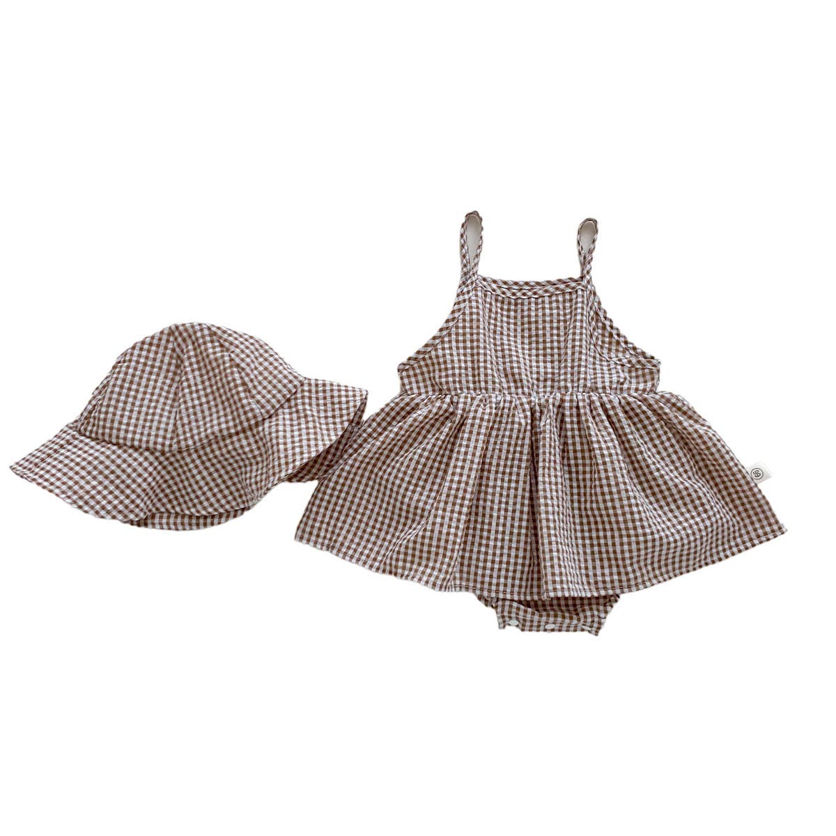 Brown White Gingham Romper Set with Matching Bucket Hat