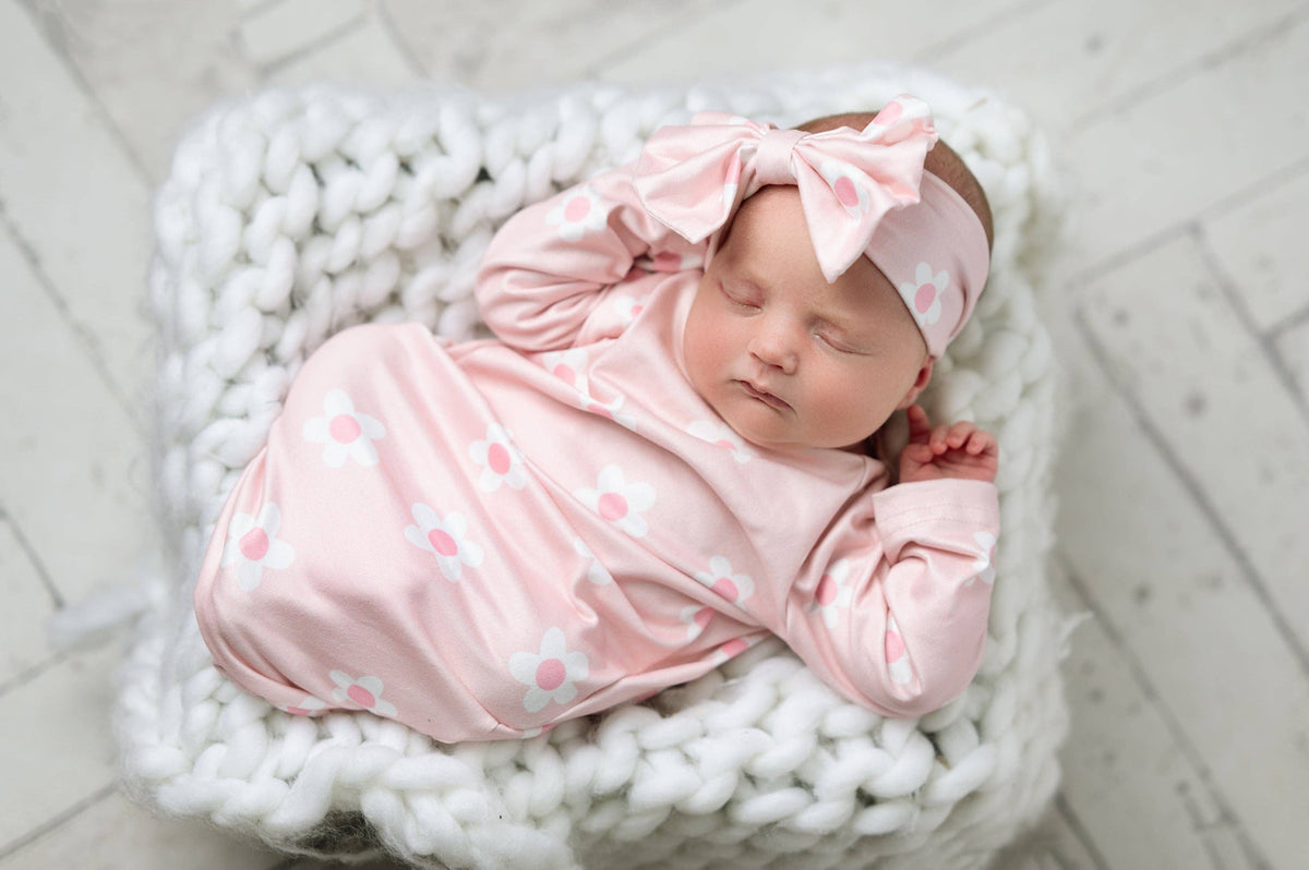 Pink Dainty Flower Gown and Bow: 0-3 Months