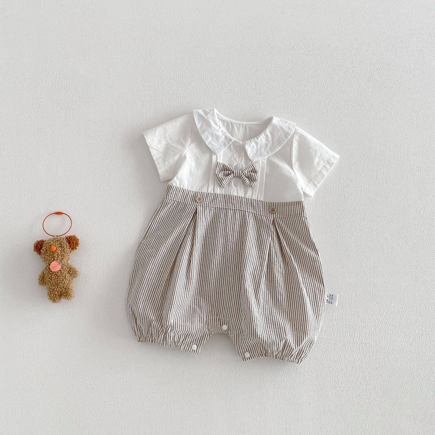 Baby Romper Short Sleeve Peter Pan Collar Bow Tie: White