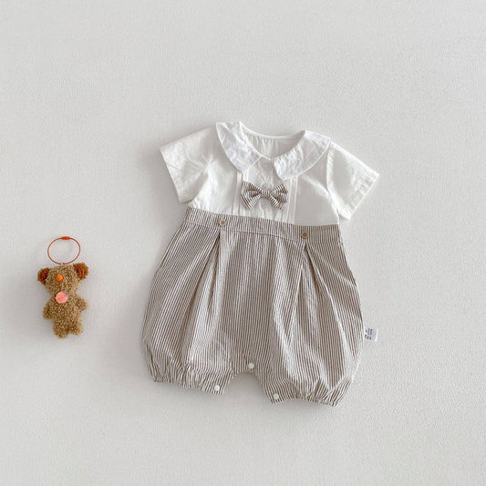 Baby Romper Short Sleeve Peter Pan Collar Bow Tie: White