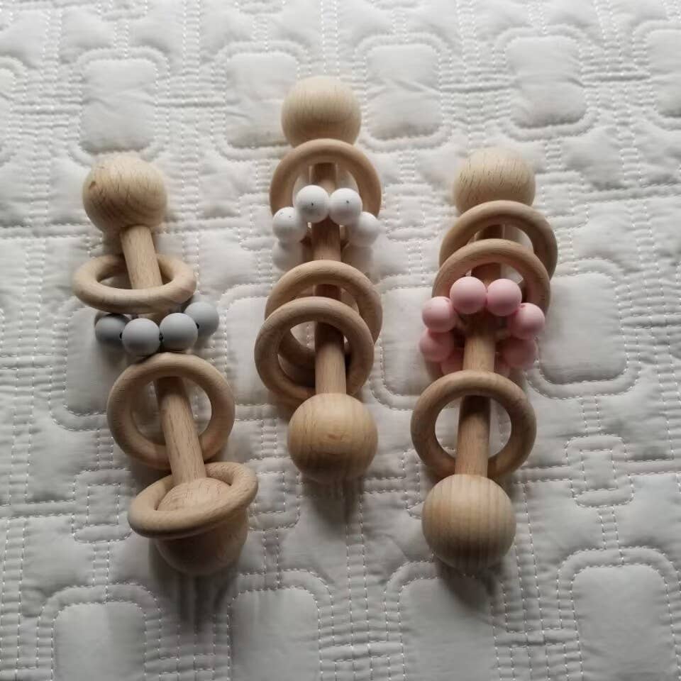 Silicone Wood Teething Rattle Toys: White