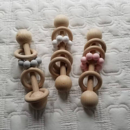 Silicone Wood Teething Rattle Toys: Pink
