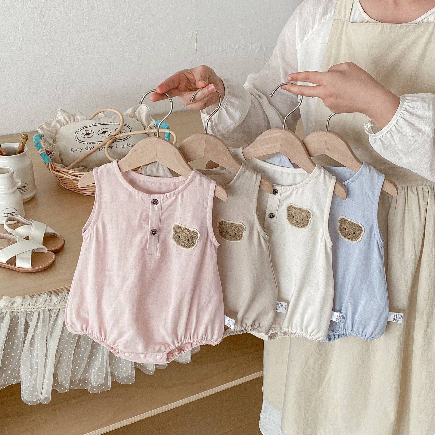 Sleeveless Infant Romper Bear Embroidery Cream