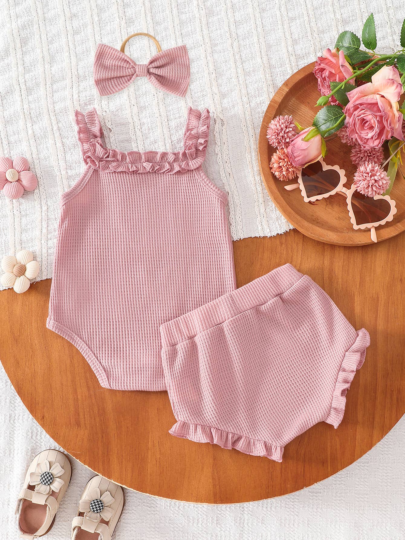Baby Girl Little Sis Romper Bloomers Set With Bow Headband: Beige