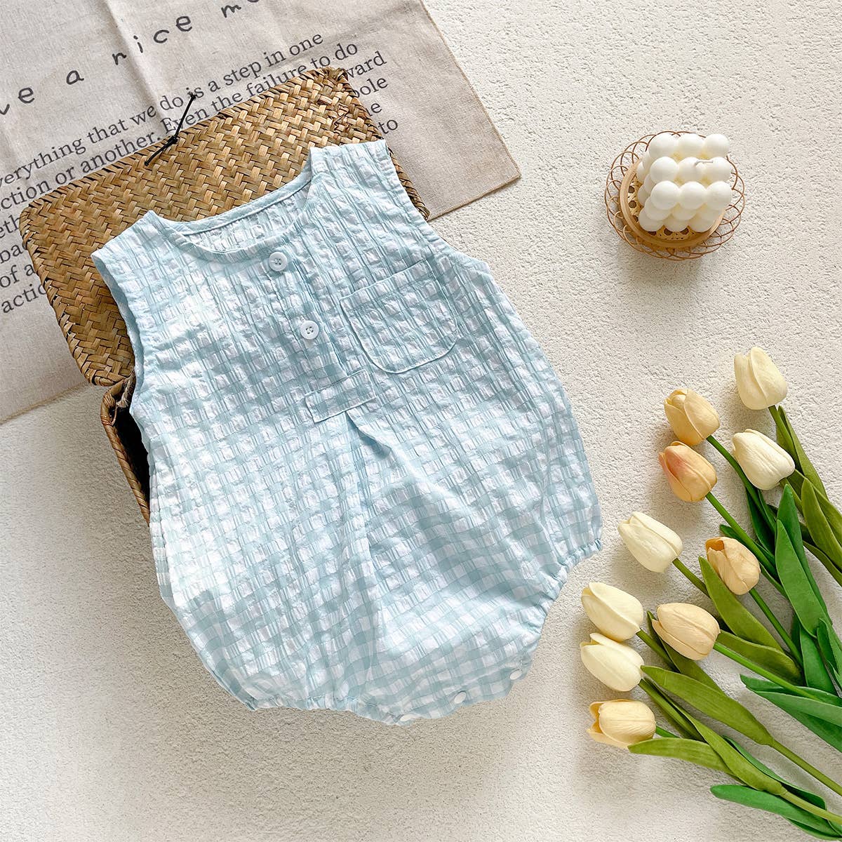 Blue White Checkered Sleeveless Romper for Baby: Green