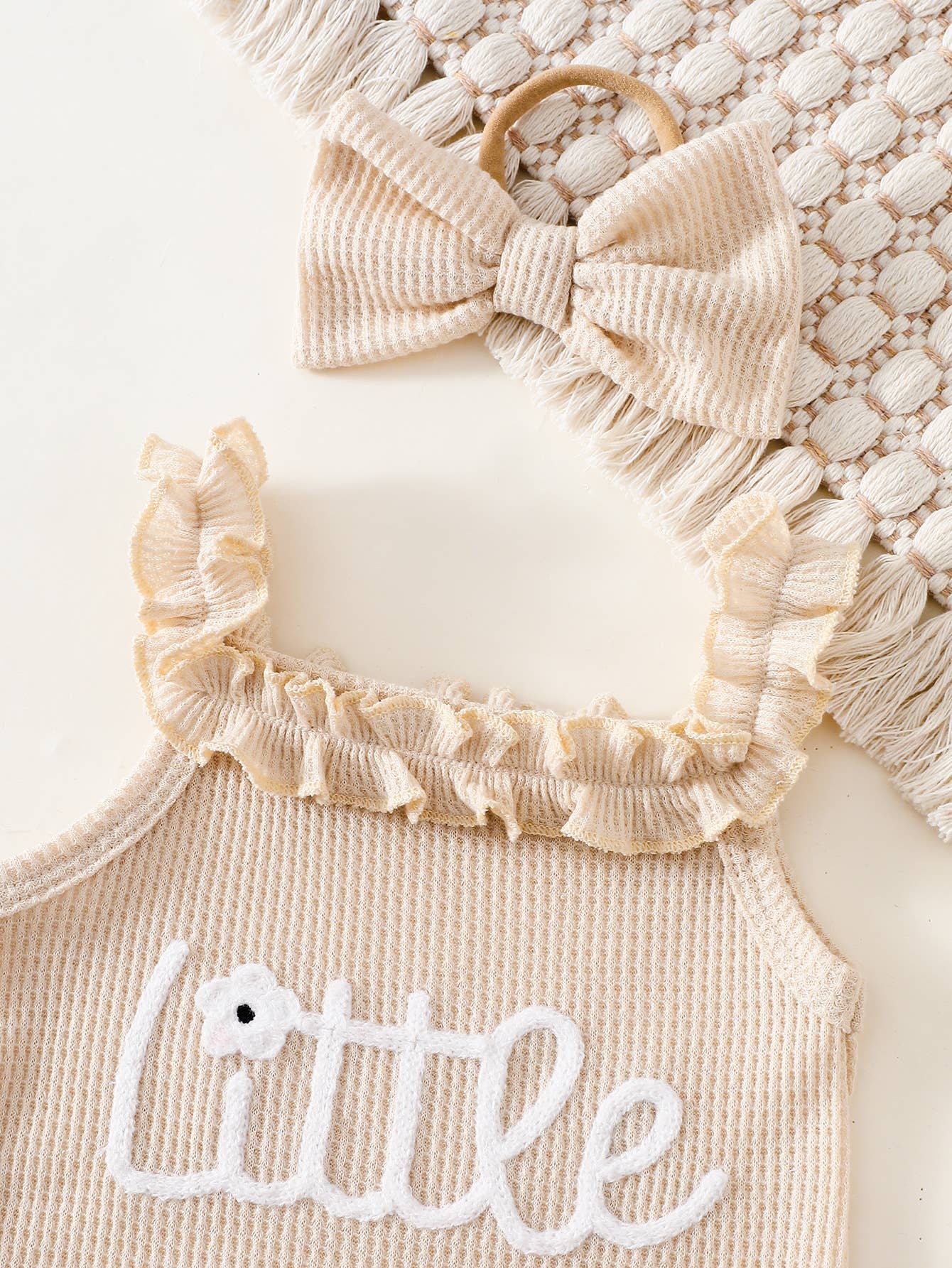 Baby Girl Little Sis Romper Bloomers Set With Bow Headband: Beige