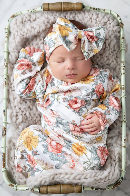 Infant Girls Botanical Ecru Baby Gown: 0-3 Months