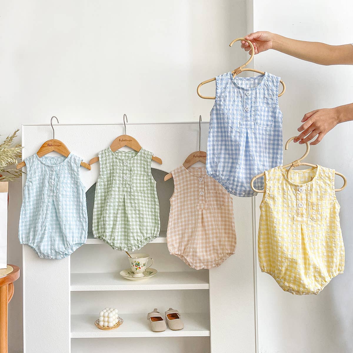 Blue White Checkered Sleeveless Romper for Baby: Green