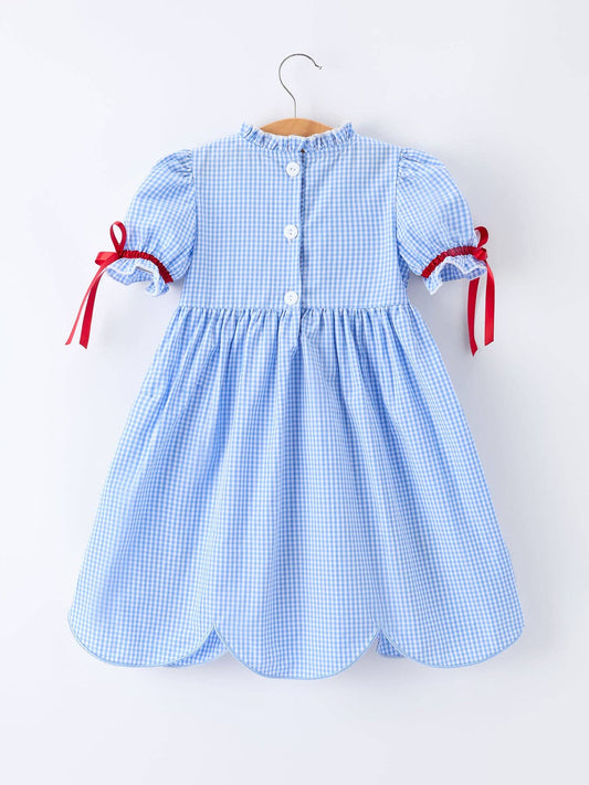 Back To School Apple Applique Plaid Girls Dress Smocked
