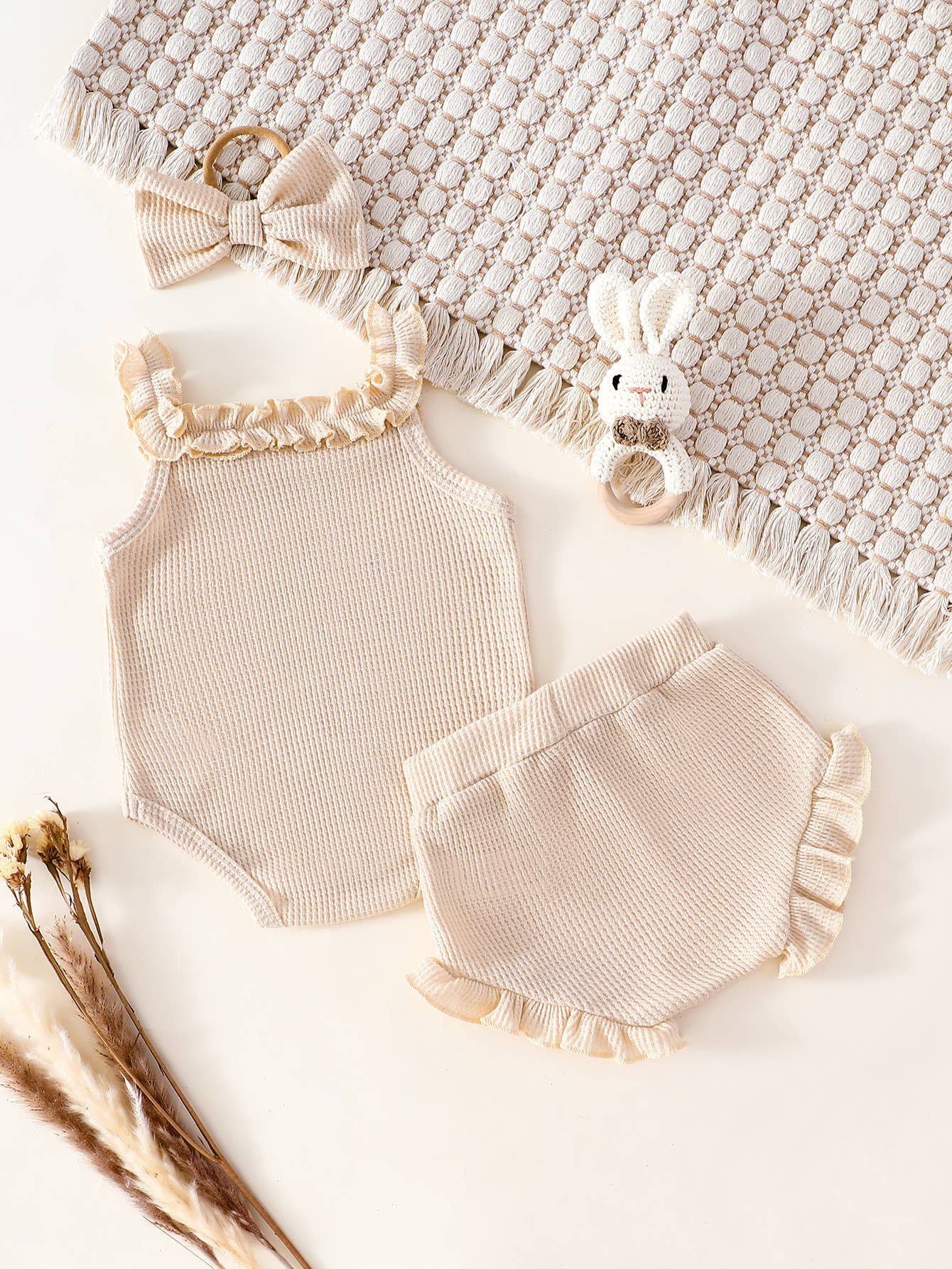 Baby Girl Little Sis Romper Bloomers Set With Bow Headband: Beige