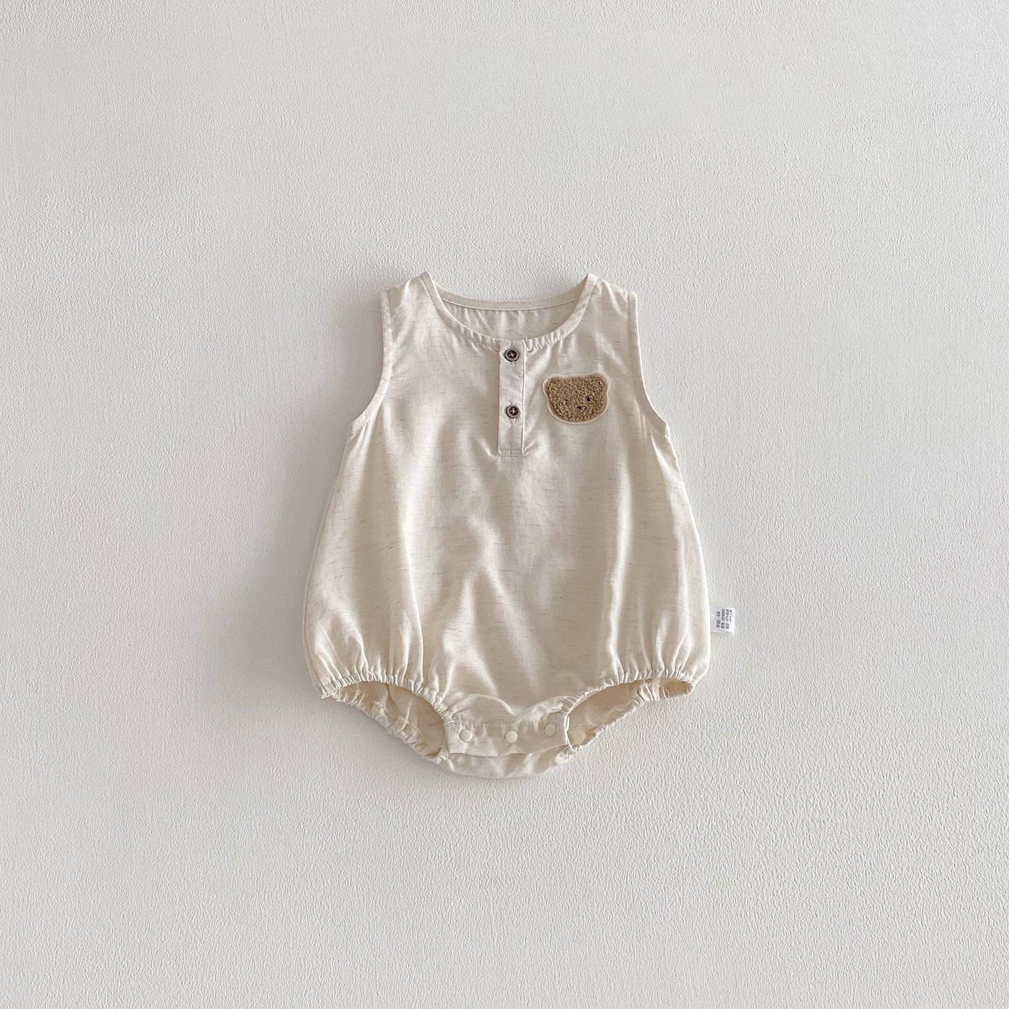 Sleeveless Infant Romper Bear Embroidery Cream