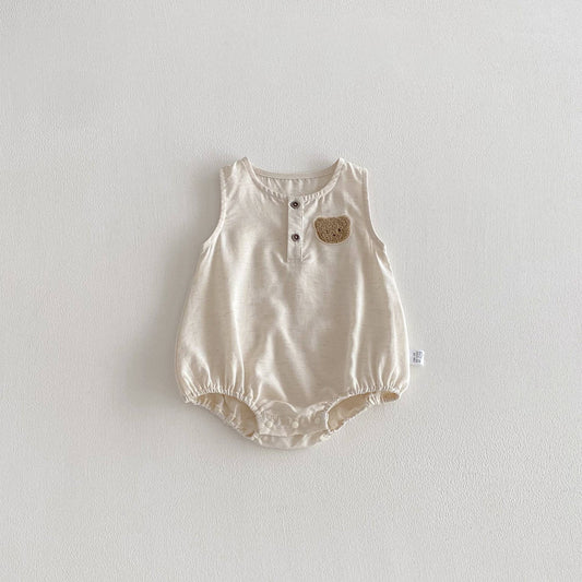 Sleeveless Infant Romper Bear Embroidery Cream