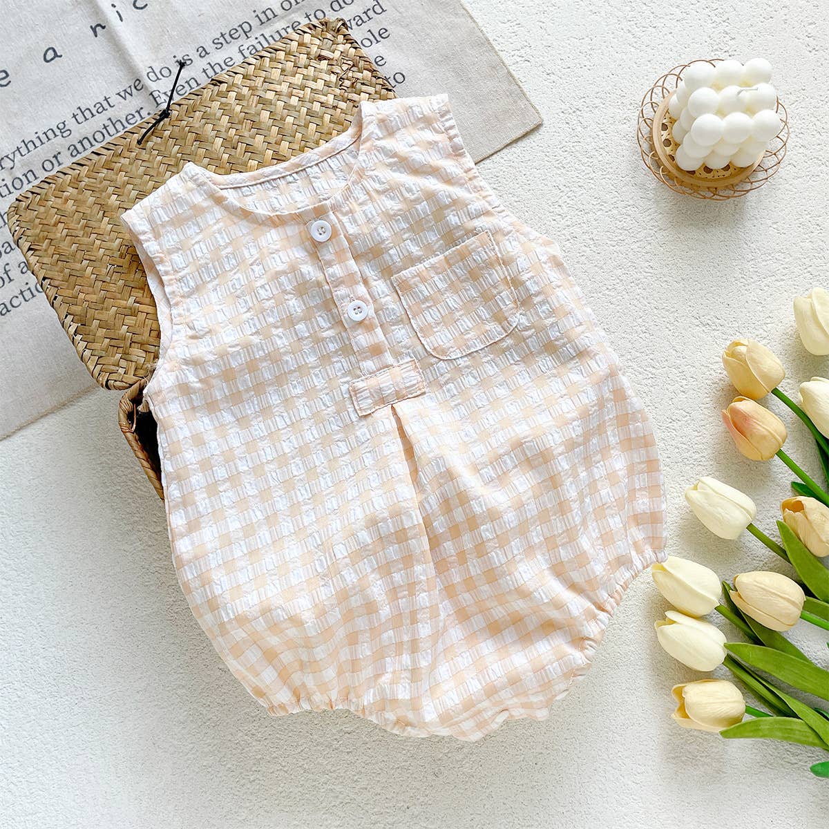 Blue White Checkered Sleeveless Romper for Baby: Green